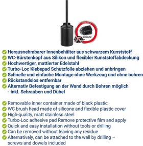 Matne čierna WC kefa bez vŕtania Turbo-loc z nehrdzavejúcej ocele Porto – Wenko