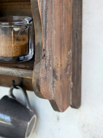 Hnedá antik drevená nástenná polička s priehradkami a háčikmi Plate Rack - 80*20*55 cm