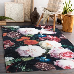 ANDRE 1629 umývací koberec kvety vintage protišmykový - čierna / ružový Veľkosť: 160x220 cm