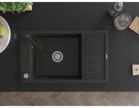 Mexen Elias, granitový drez granitový 795x480x200 mm, 1-komorový, čierna-zlatá metalíza s chrómovým sifónom a čierna drezová batéria Rita, 6511-75-670300-70