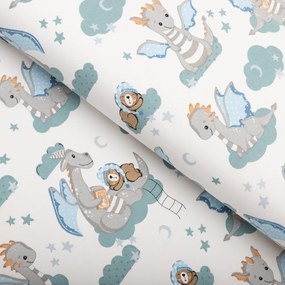 Biante Detská bavlnená obliečka na vankúš s lemom Sandra SA-689 Dráčikovia s medvedíkmi na modrozelených obláčikoch na bielom 40 x 60 cm