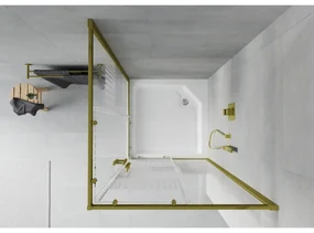 Mexen Rio, štvorcový sprchovací kút s posuvnými dverami 90(dvere) x 90(dvere) x 190 cm, 6mm číre sklo s pásikmi, zlatý profil + biela sprchová vanička RIO, 860-090-090-50-20-4510