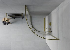 Mexen Rio, štvrťkruhový sprchovací kút s posuvnými dverami 90(dvere) x 90(dvere) x 190 cm, 6mm číre sklo s pásikmi, zlatý lesklý profil, 863-090-090-50-20