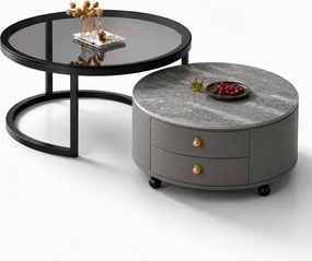 LuxuryForm DESIGN Konferenčný stolík ORION 70 × 70 / 50 × 50 cm – sivý / sivý mramor + sklo (set 2 ks)
