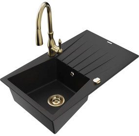 Mexen Cesar, 1-komorový granitový drez 775x470x190 mm a drezová batéria Savita, čierna, 6514-77-672601-50