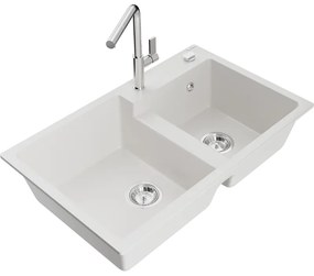 Mexen Tomas, 2-komorový granitový drez 800x500x190 mm a drezová batéria Flora, biela, 6516-20-670401-00