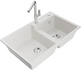 Mexen Tomas, 2-komorový granitový drez 800x500x190 mm a drezová batéria Flora, biela, 6516-20-670401-00