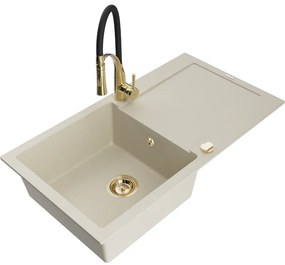 Mexen Leo, granitový drez 900x500x190 mm, 1-komorový a drezová batéria Aster, béžová, 6501-69-73450-57-G