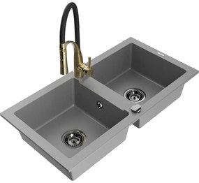 Mexen Mario, granitový drez 820x436x161 mm, 2-komorový a drezová batéria Aster, šedá, 6504-71-73450-57-B