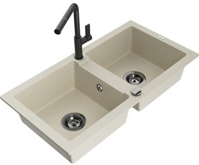 Mexen Mario, 2-komorový granitový drez 820x436x161 mm a drezová batéria Flora, béžová, 6504-69-670401-70-B