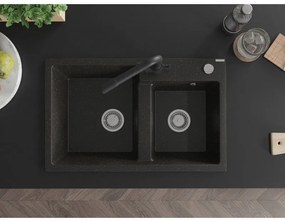 Mexen Tomas, granitový drez 800x500x190 mm, 2-komorový a čierna batéria Duero, čierna - zlatá metalíza, 6516-75-671600-70