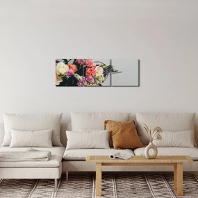 Obraz košíka s kvetinami (s hodinami) (90x30 cm)