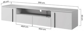 Larena 200 cm függő TV-szekrény fiókokkal és nyitott polccal - fekete beton / fekete fogantyúk