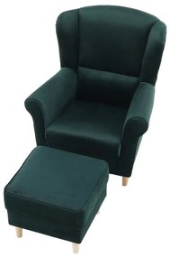 Kondela Kreslo, ušiak s taburetom, smaragdová látka, ASTRID