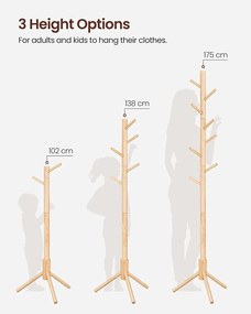 Voľne stojaci vešiak na kabáty a klobúky, s 8 háčikmi, prírodná farba