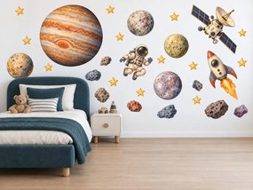 Kozmonaut pri Jupiteri akvarelové vesmírne nálepky na stenu do izby pre malých objaviteľov arch 46 x 34 cm