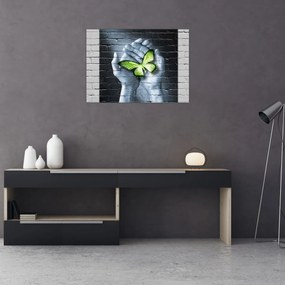 Obraz - Zelený motýľ v stene (70x50 cm)