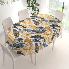 Biante Bavlnený oválny obrus Sandra SA-388 Sivozelené a zlaté tropické listy na bielom 50x100 cm