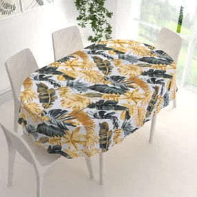 Biante Bavlnený oválny obrus Sandra SA-388 Sivozelené a zlaté tropické listy na bielom 120x140 cm