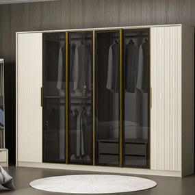 Elegantná šatníková skriňa DeLuxe s dymovými dvierkami a zlatými akcentami 210 x 270 x 52 cm, biela