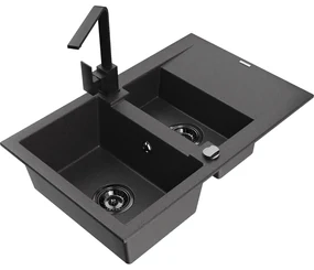 Mexen Gaspar, granitový drez 737x475x177 mm, 1,5-komorový a čierna batéria Rita, čierna škvrnitá, 6507-76-670300-70-B
