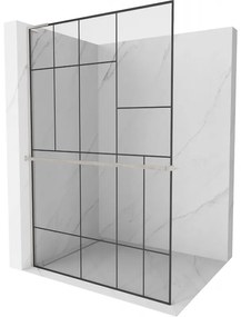 Mexen Kioto+ L, sprchová zástena Walk-In s poličkou a vešiakom 120 x 200 cm, 8mm číre sklo čierny vzor, brúsená oceľ profil, 800-120-123-97-78