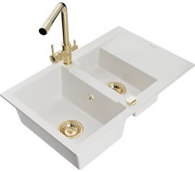 Mexen Gaspar, granitový drez 737x475x177 mm, 1,5-komorový, zlatá batéria Duero, biela, 6507-20-671600-50