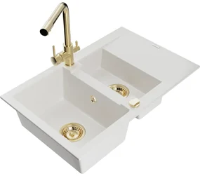 Mexen Gaspar, granitový drez 737x475x177 mm, 1,5-komorový, zlatá batéria Duero, biela, 6507-20-671600-50