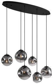 Art Deco závesná lampa čierna s oválnou stropnou doskou a dymovým sklom 6-Lights - Douglass