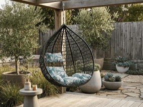 Čierne závesné kreslo KOKON bez stojana, zeleno-biely vankúš