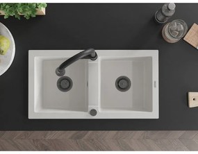 Mexen Mario, 2-komorový granitový drez 820x436x161 mm a drezová batéria Elia, biela, 6504-20-670101-70