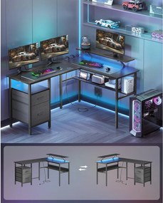 Písací a PC stôl v tvare písmena L so zásuvkami, rohový stôl s LED osvetlením, čierny