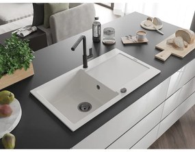 Mexen Leo, 1-komorový granitový drez 900x500x190 mm a drezová batéria Flora, biela, 6501-20-670401-70-B