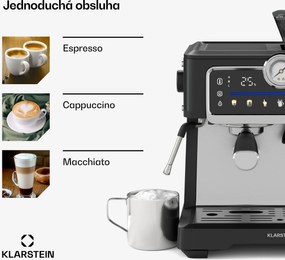 Klarstein GrandPresso Touch kávovar, 20 barov, integrovaný mlynček, indikátor tlaku, mliečna pena