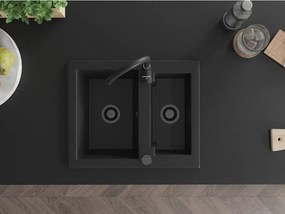 Mexen Carlos, granitový drez 582x475x177 mm, 1,5-komorový, čierna s čiernym sifónom, 6518581500-77-B
