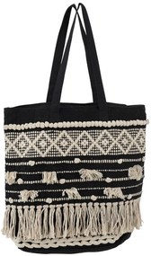 Čierno-krémová kabelka do ruky Monochrome Boho so strapcami - 40*45cm