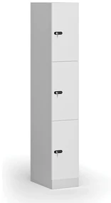 Šatníková skrinka s úložnými boxmi, 3 boxy, 1850 x 300 x 500 mm, mechanický kódový zámok, laminované dvere, biela