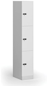 Šatníková skrinka s úložnými boxmi, 3 boxy, 1850 x 300 x 500 mm, mechanický kódový zámok, laminované dvere, biela