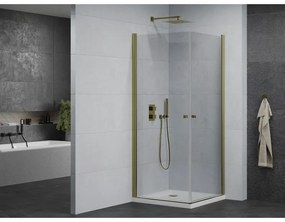 Mexen Pretoria Duo, sprchovací kút s 2-krídlovými dverami 90 (dvere) x 90 (dvere) cm, 6mm číre sklo, zlatý profil + slim sprchová vanička 5cm biela so zlatým sifónom, 852-090-090-50-02-4010G