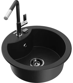 Mexen Diego, 1-komorový granitový drez 488x488x167 mm a drezová batéria Flora, čierna, 6512-77-670401-07-B