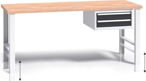 Výškovo nastaviteľný pracovný stôl do dielne G3 so závesným boxom na náradie, buková škárovka, 2 zásuvky, 1700 x 685 x 840 - 1050 mm, grafit