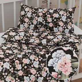 Biante Detské bavlnené posteľné obliečky do postieľky Sandra SA-449 Modro-ružové kvety na čiernom Do postieľky 100x135 a 40x60 cm