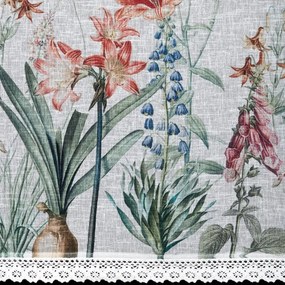 Dekorstudio Kuchynská záclonka NEMEZJA zdobená kvetinovou potlačou a čipkou 150 x 90 cm