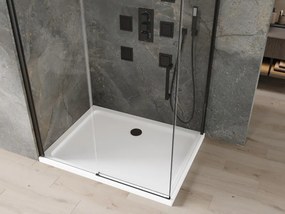 Mexen Omega, sprchovací kút s posuvnými dverami 110 (dvere) x 100 (stena) cm, 8mm číre sklo, čierny profil + slim sprchová vanička biela s čiernym sifónom, 825-110-100-70-00-4010B