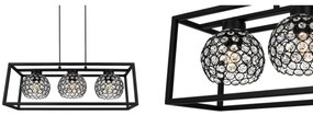 Závesné svietidlo Crystal cage, 3x čierne krištáľové tienidlo v kovovom ráme