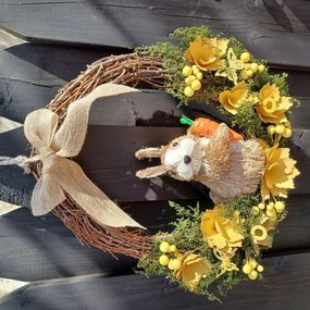 DECOLED Veľkonočný veniec, 33 x 31 x 10 cm, prútie, žlté kvety a zajac s mrkvou