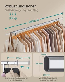 Stojan na šaty, vešiak na oblečenie na kolieskach, nosnosť 150 kg, strieborný