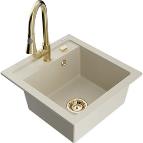 Mexen Vito, 1-komorový granitový drez 490x520x210 mm a drezová batéria Elia, béžová, 6503-69-670101-50