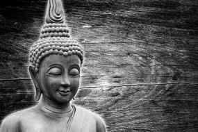 Samolepiaca tapeta čiernobiela socha Budhu na drevenom pozadí - 300x200