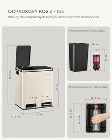 Kôš na separovanie odpadu SORT 30l (2×15l), béžová/strieborná/čierna SongmicsHome